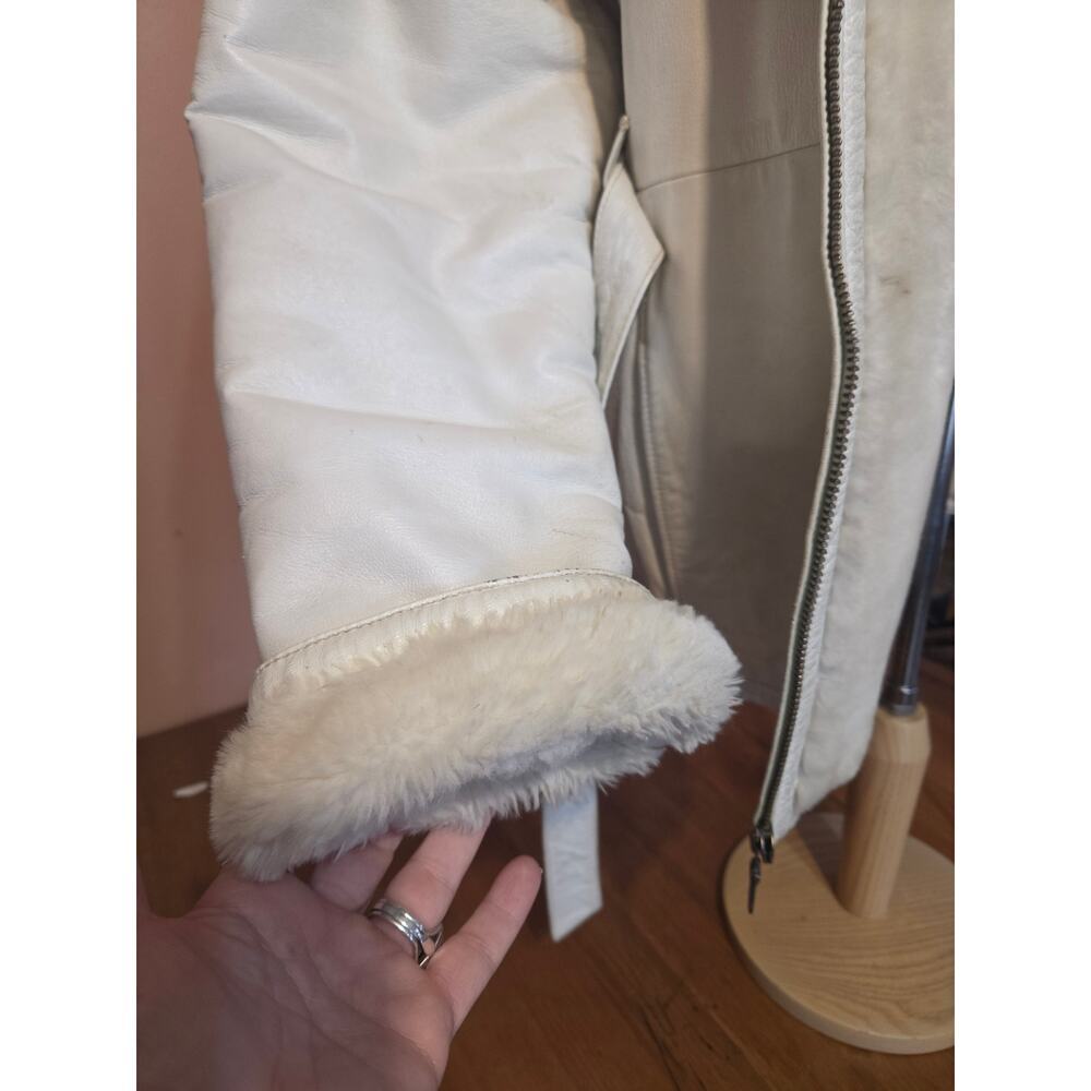 Vintage Y2k Wilsons Leather Fuzzy Lined Coat With Hood White Womens Size Large - Picture 6 of 11